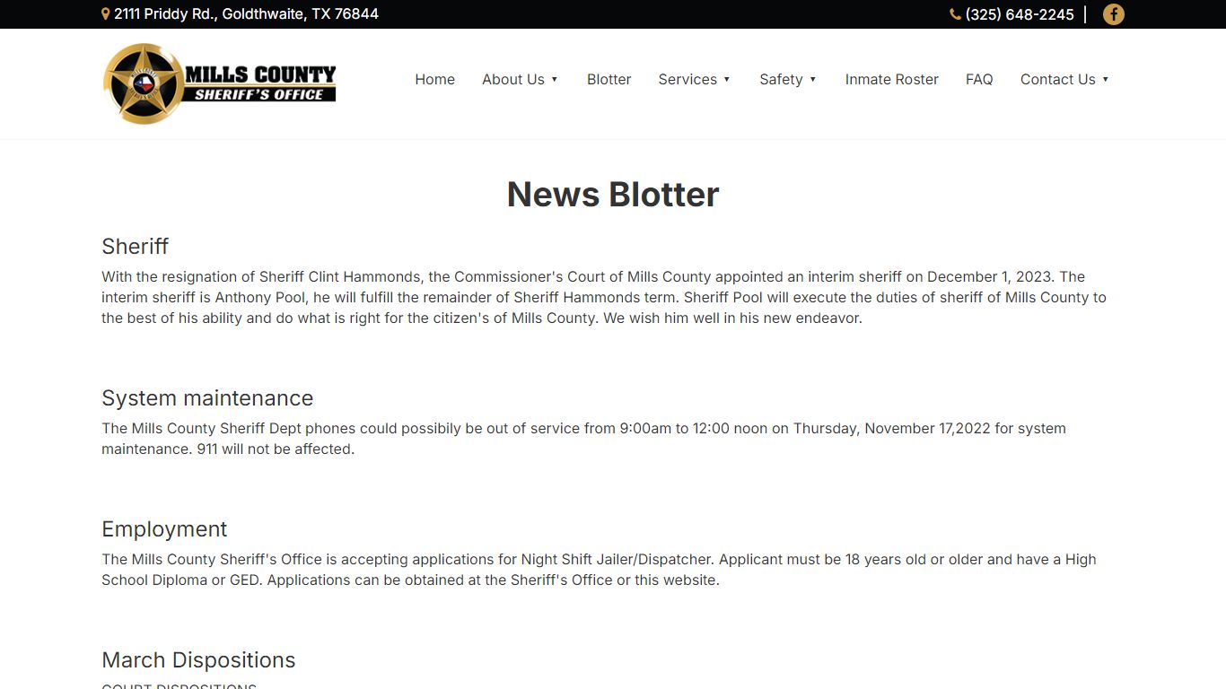 News Blotter :: Mills County Sherrif's Office